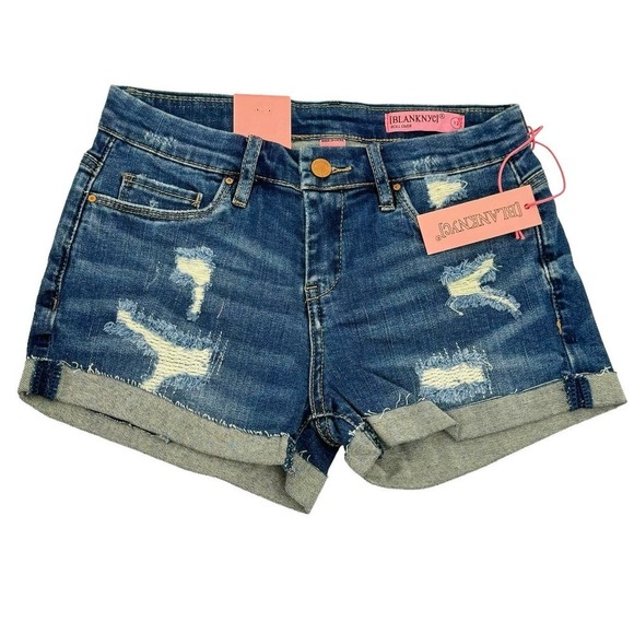 Blanknyc Girls Blue Roll Over Roll Up Denim Short Distressed Size 12 NWT